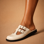 Valeria Double-Buckle Leather Mules