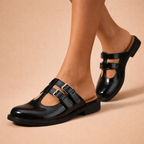 Valeria Double-Buckle Leather Mules