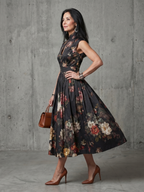Greta | High Neck Keyhole Floral Pleated Midi Dress