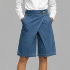 Velara – Asymmetric Wrap-Front Knee-Length Denim Look Bermuda Shorts