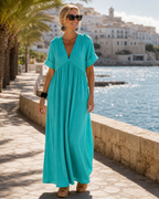 Zomla  | Textured V Neck Short Sleeve Flowing Midi Dress