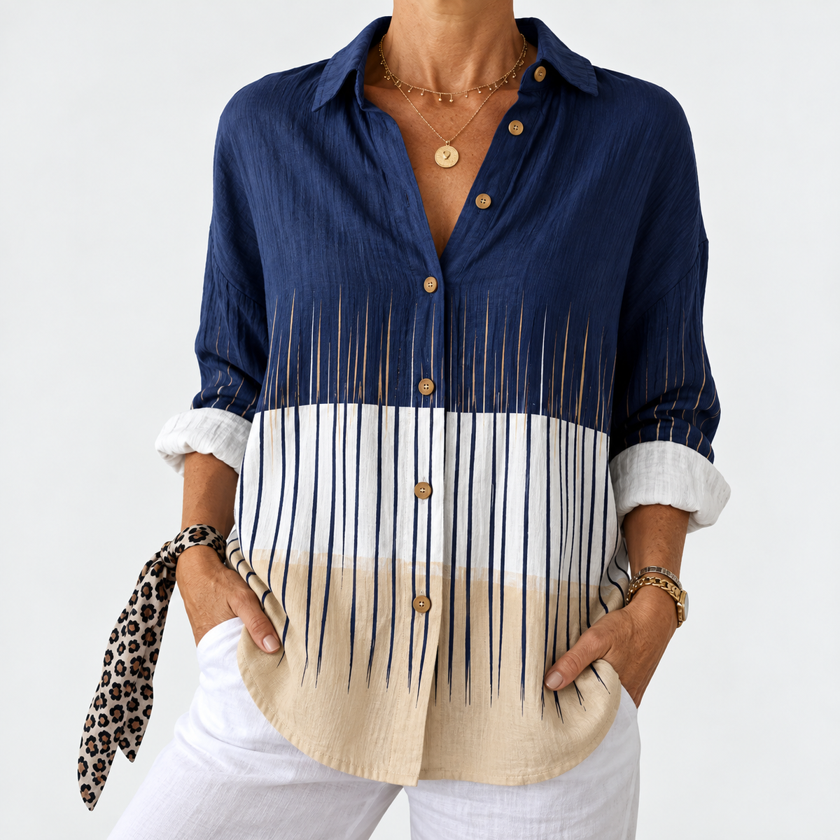 Olivia | Coastal Stripe Button-Up Blouse