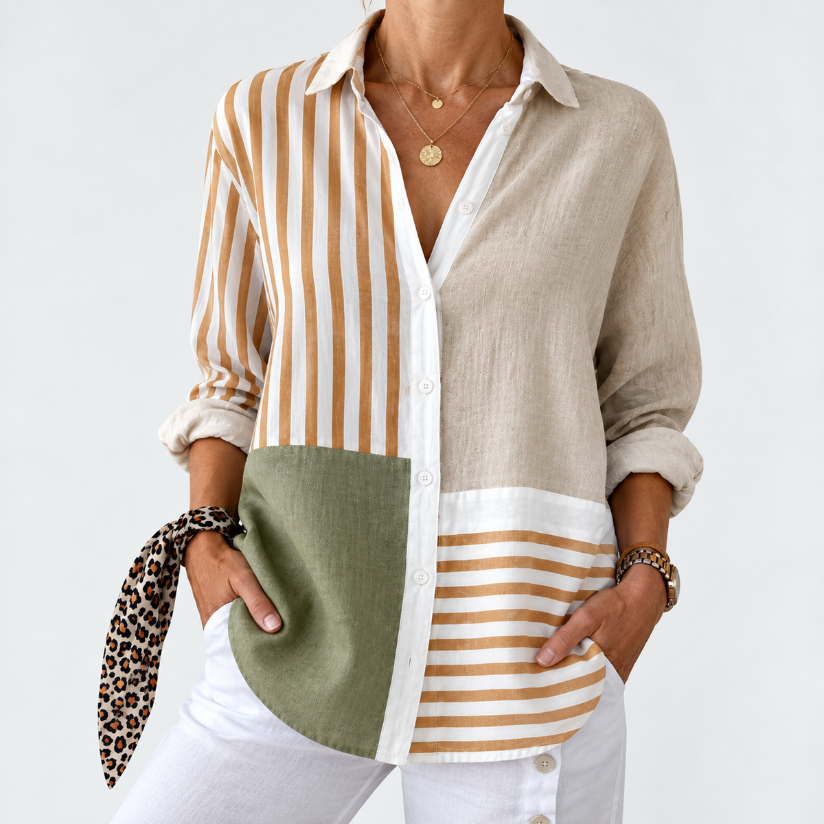 Evelyn | Neutral Patchwork Stripe Blouse