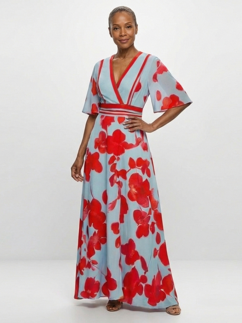 Ellis & Johnson™  | V Neck Short Sleeve Floral Maxi Dress
